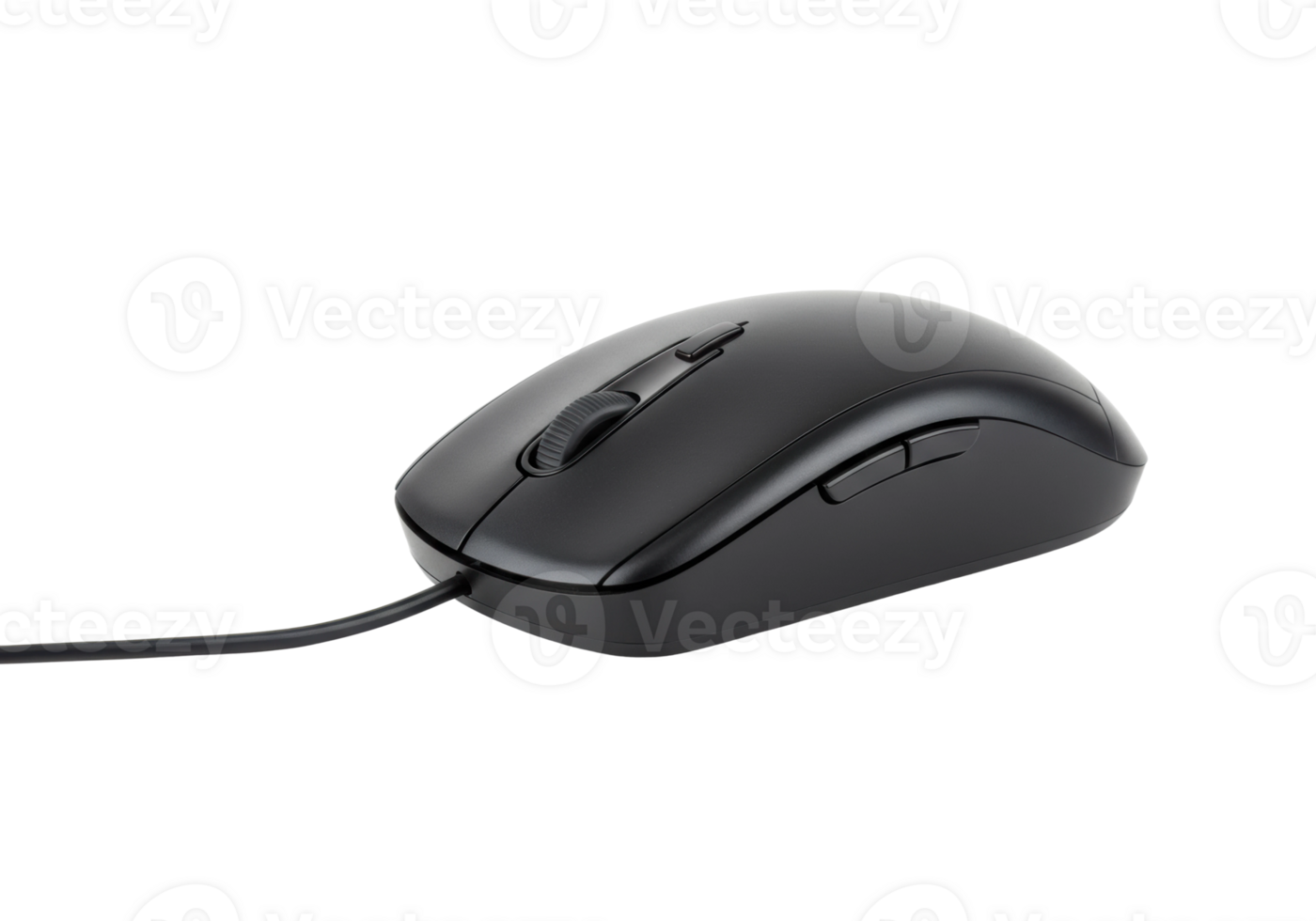 Black wired computer mouse with scroll wheel and side buttons. png