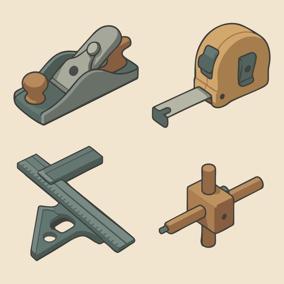 Carpentry Measuring and Planing Tools, Block Plane, Tape Measure, Combination Square, Speed Square, Marking Gauge vector