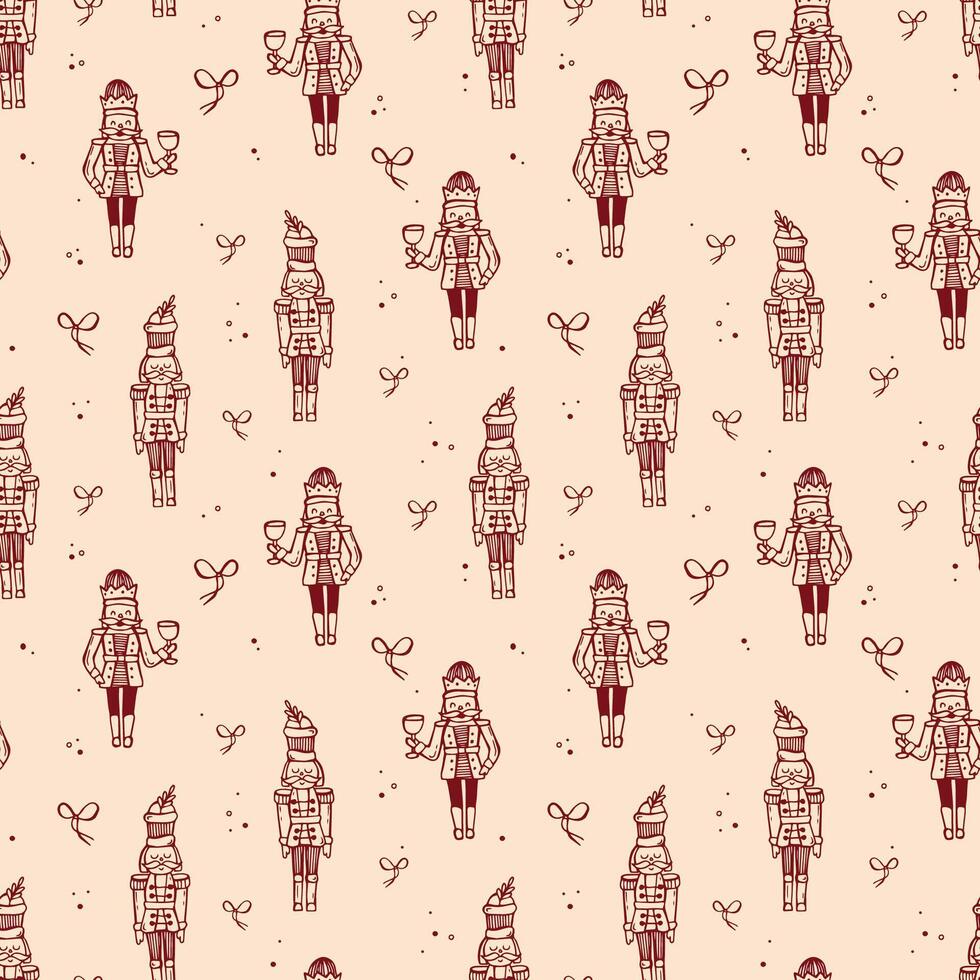 Whimsical hand-drawn Christmas seamless pattern with Nutcracker. pattern in red color vector