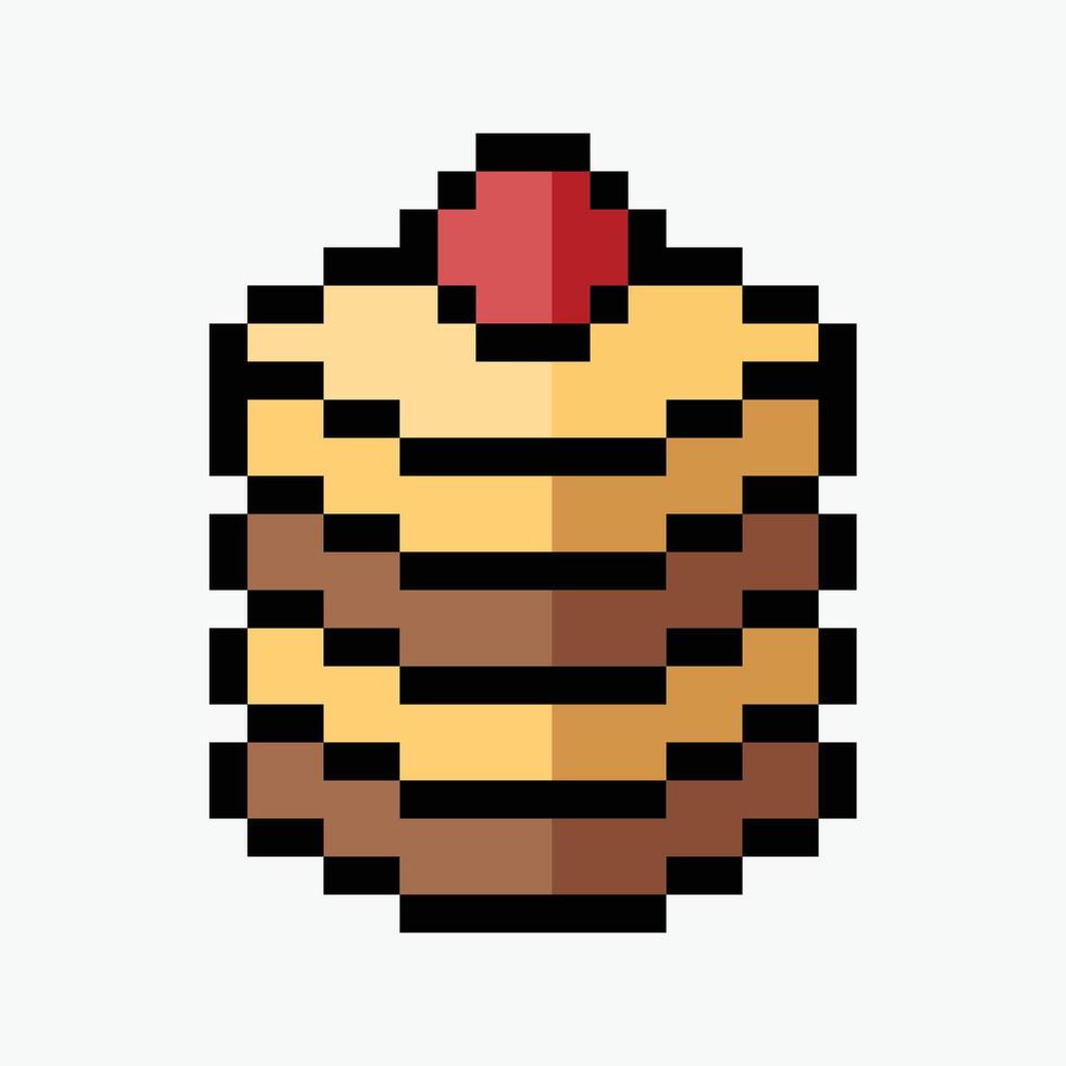 cylinder cake pixel art icon illustration, a cylindrical cake with alternating brown and tan layers, topped with a red circle resembling a cherry. vector