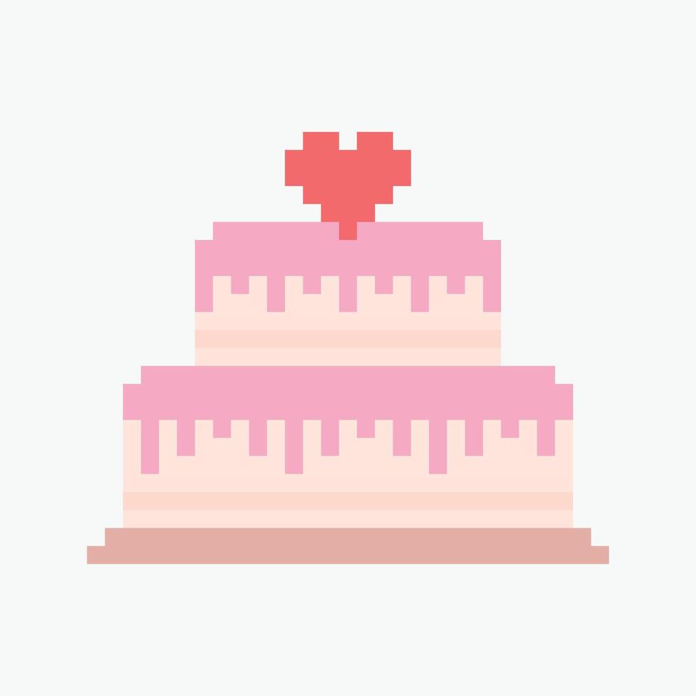 wedding cake pixel art icon illustration, Pixel art illustration of a two-tiered cake with pink icing. The tiers are simple, with dripped frosting details. A red pixel heart is placed on top. vector
