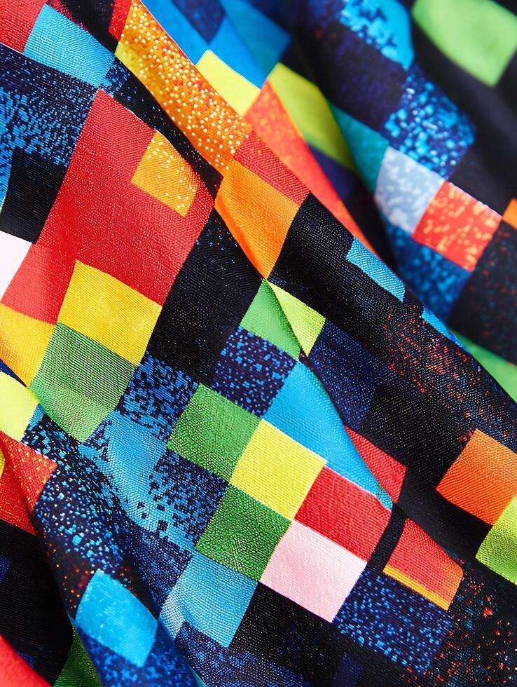 Vibrant Colorful Fabric Texture with Geometric Square Patterns. photo