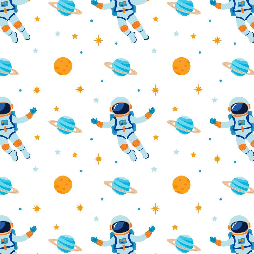 A bright pattern with an astronaut, stars and planets. Pattern for clothing and textiles. Simple illustration vector