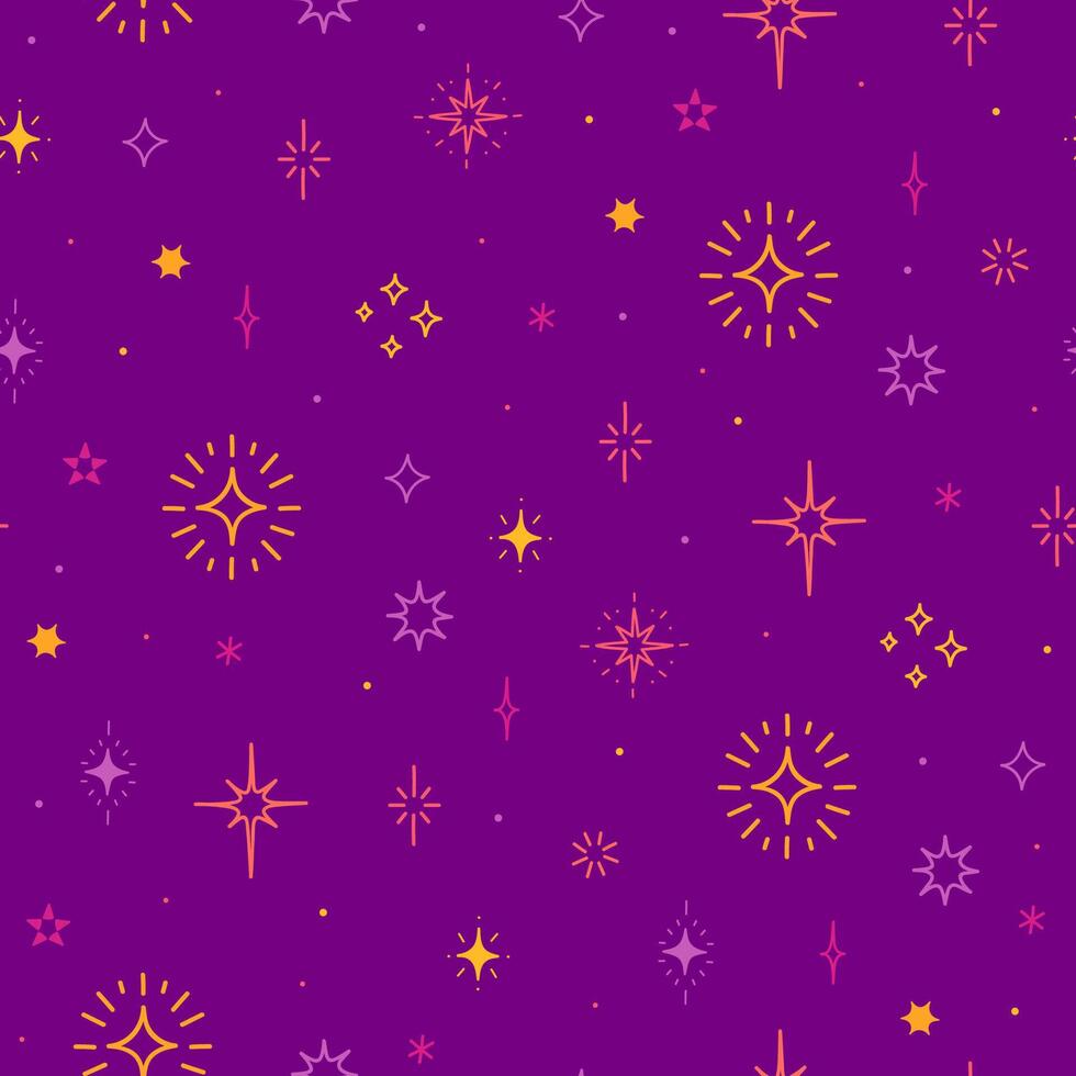 Purple seamless pattern with stars and flashes of different colors. graphics. vector