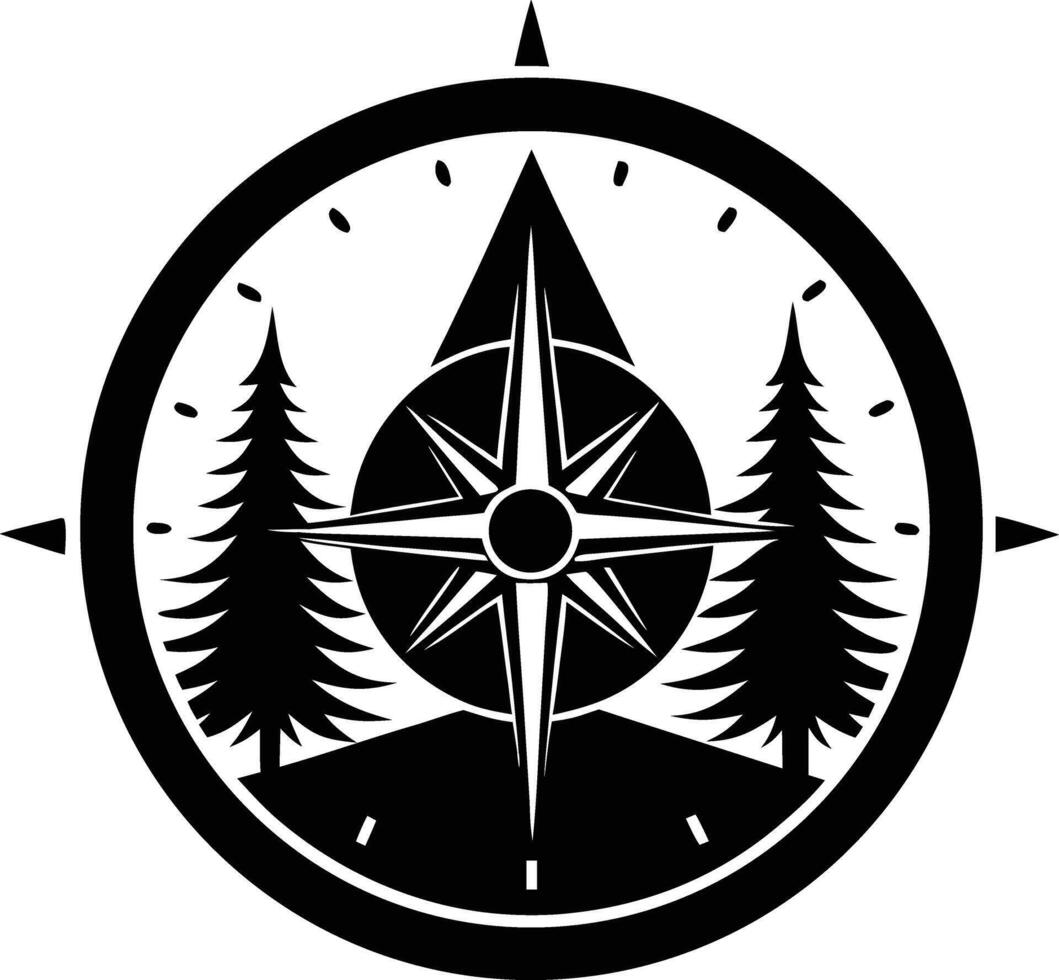 Black and White Compass with Trees, Mountain, and Navigation Symbol Illustration Design vector