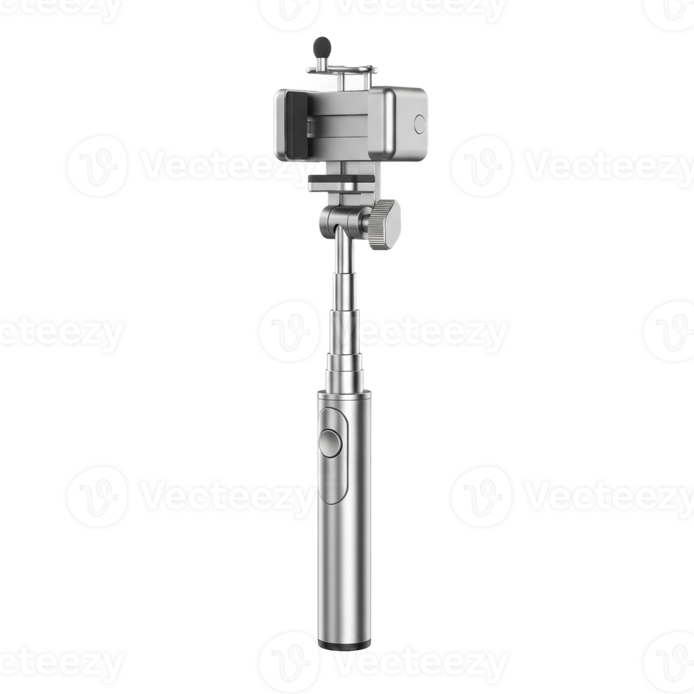 Sleek silver extendable selfie stick with an adjustable phone clamp and a built in shutter button, ideal for capturing wide angle selfies and group photos on the go. png
