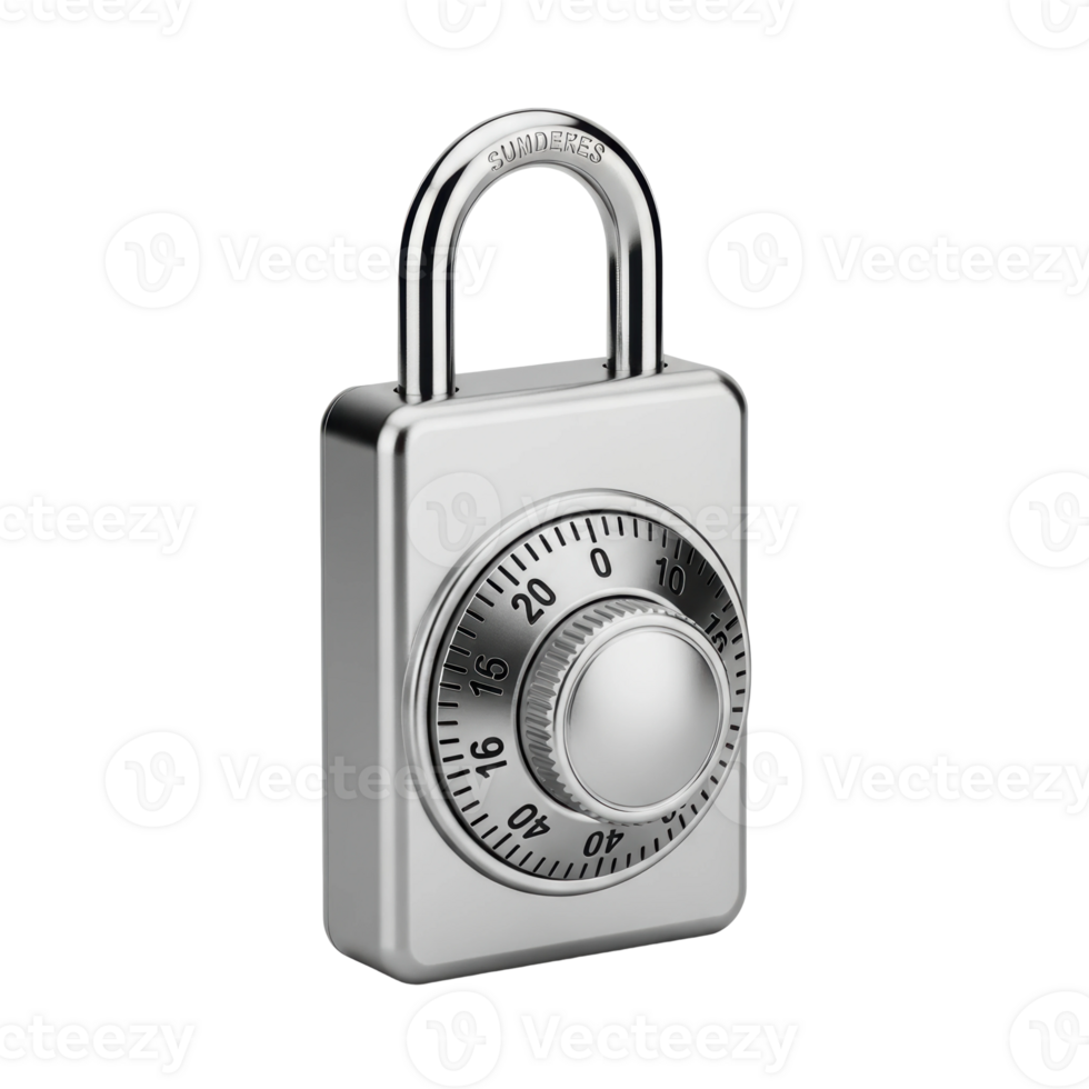 A sleek, modern silver combination padlock with a rotating dial, symbolizing security, protection, and privacy for valuables and personal belongings. png