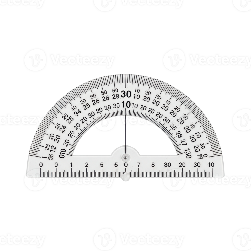 A white plastic protractor with clear black markings for precise angle measurement, commonly used in geometry, mathematics, and technical drawing. png