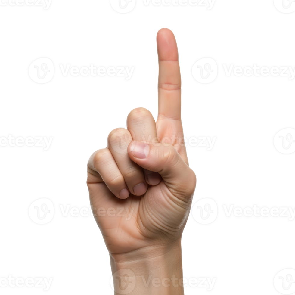 Hand with index finger pointing up. Number one gesture for attention, direction, or making a point. png