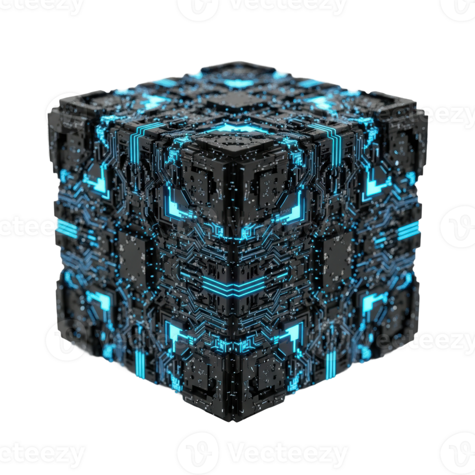 A complex black cube adorned with vibrant blue circuit patterns, symbolizing advanced technology, artificial intelligence, and data processing. png