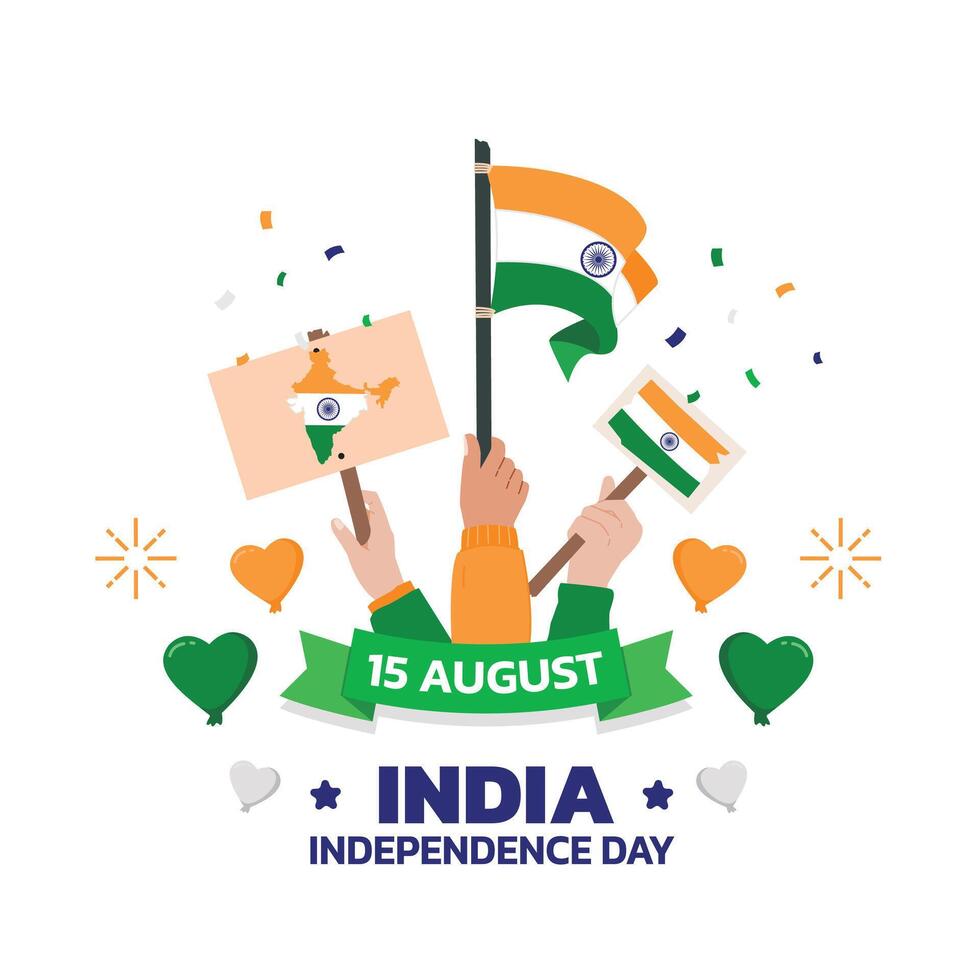 india Independence Day Design, minimalist template of August 15th design elements with people holding flags and map in the center with the spirit of independence vector