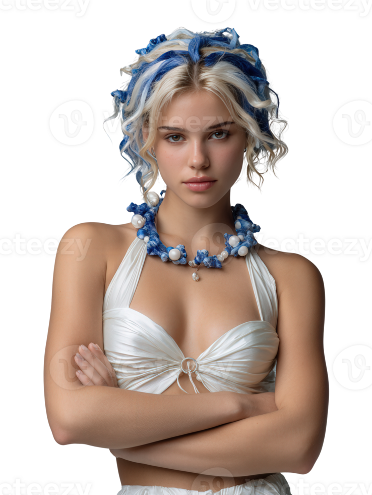 joven mujer con azul reflejos, elegante blanco atuendo, y decorativo joyas, cautivador actitud y expresión png
