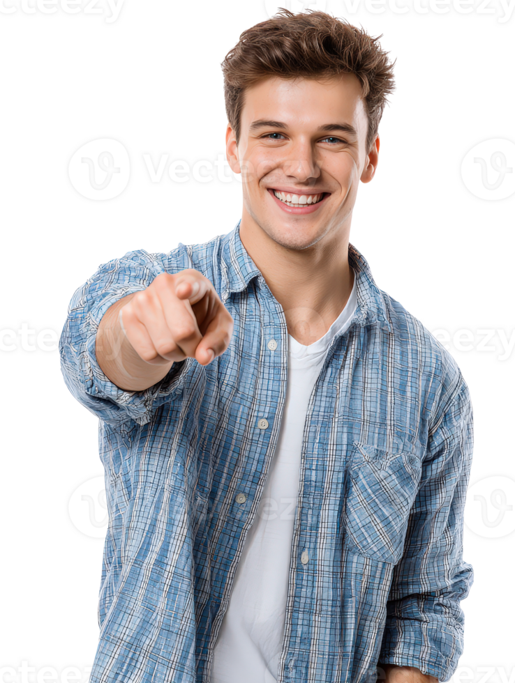 Happy young man smiling and pointing at the viewer, expressing joy and positivity in a casual setting png