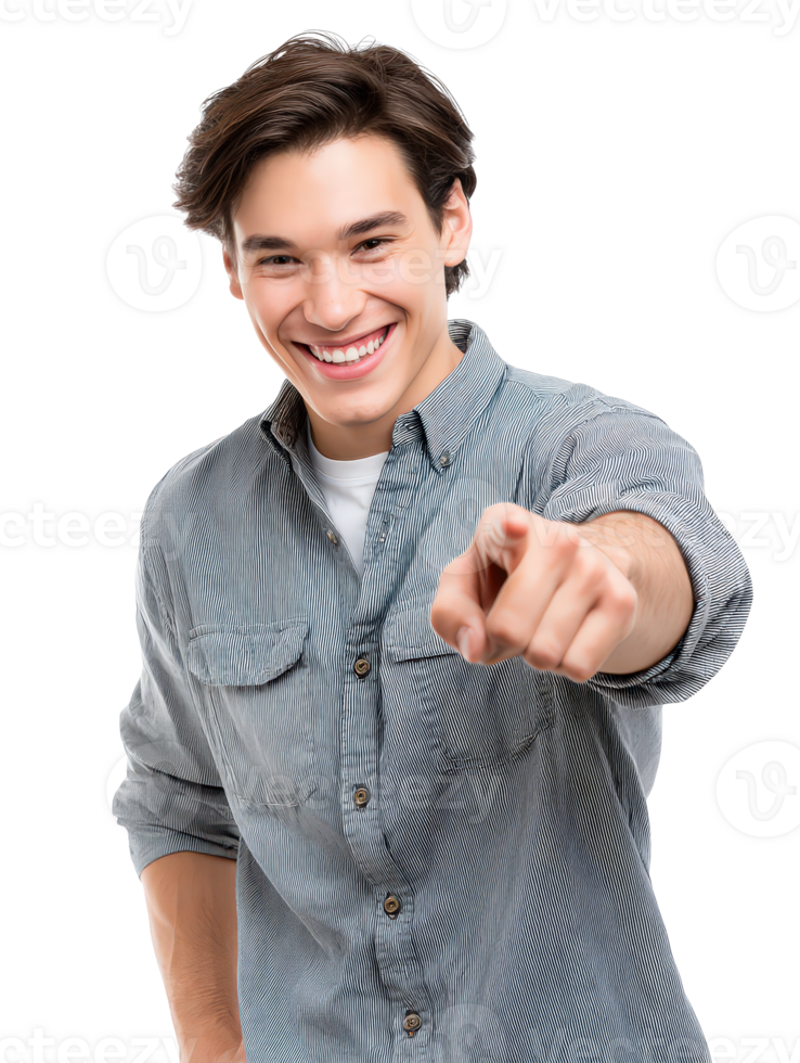 Smiling Young Man Pointing at Camera on Isolated Background with Casual Attire in Studio Setting png