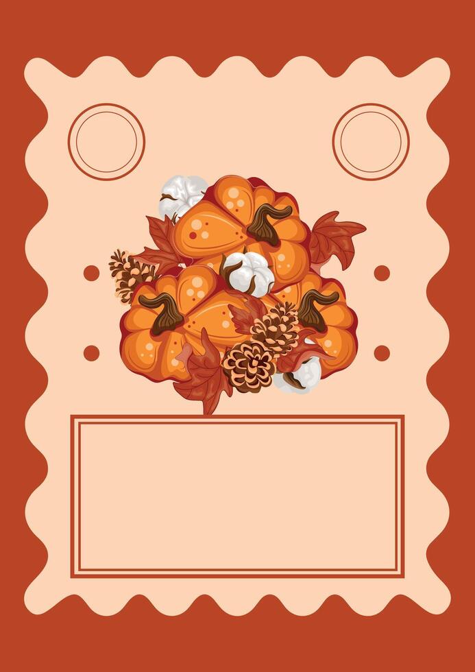 template for holiday printing on an autumn theme with curved round pumpkins, various leaves and plants with additional graphic elements for notes vector
