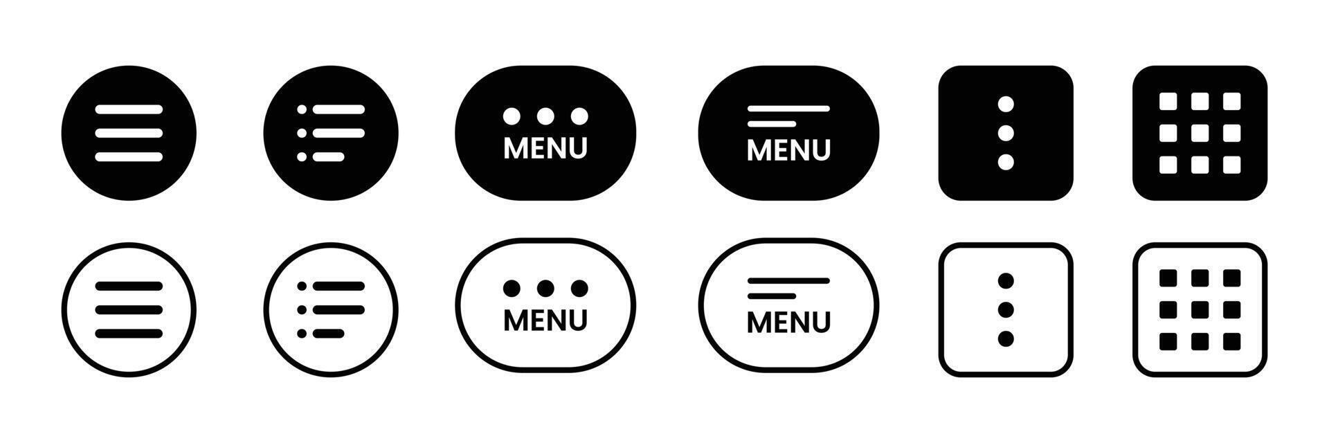 Black menu buttons for website. Burger menu symbol. vector
