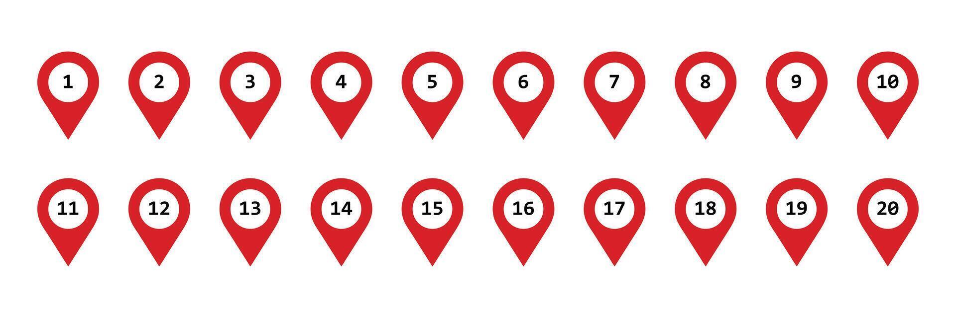 Set of red map marker point with 1 to 20 number icon collection. vector
