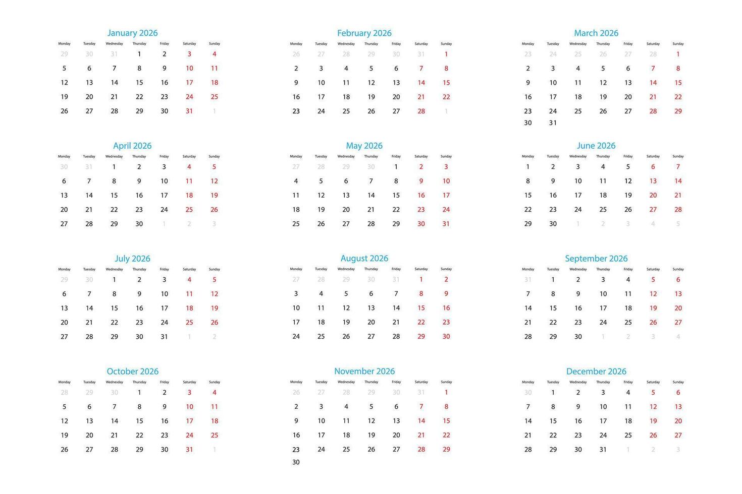 Complete Calendar for 2026, High Resolution Image. vector