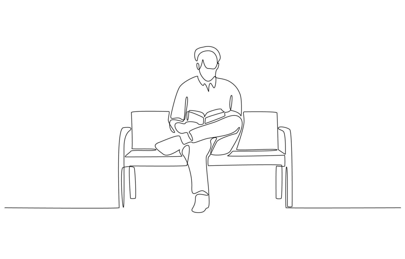 Continuous one line drawing of young man reading book on park bench, symbolizing reading behavior, single line art vector