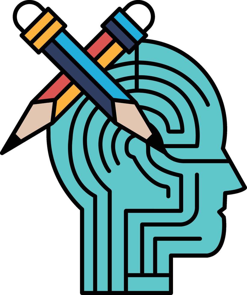 A black and white drawing of a head with a pencil and a pair of scissors vector