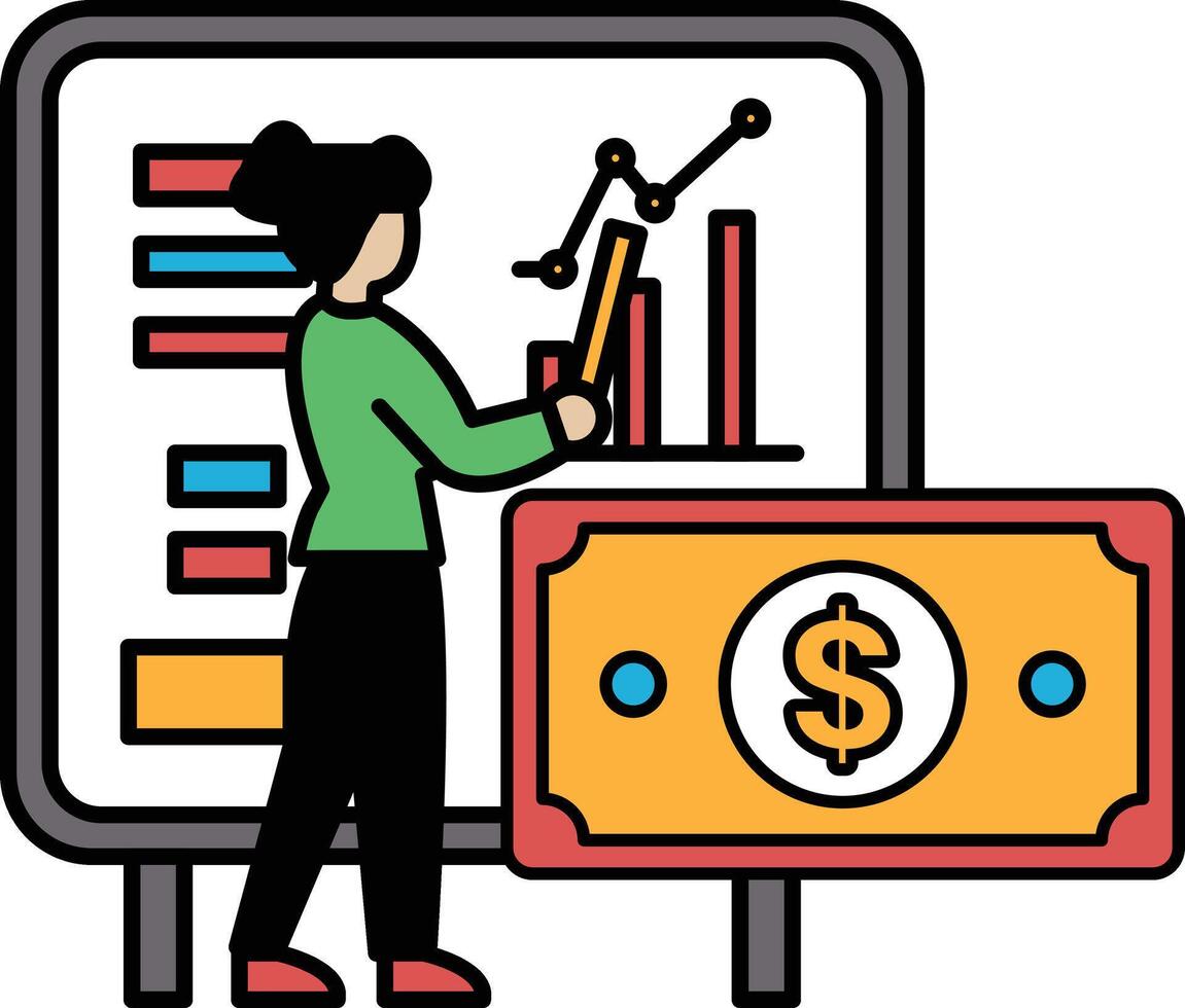 A woman is standing in front of a board with graphs and a dollar sign vector