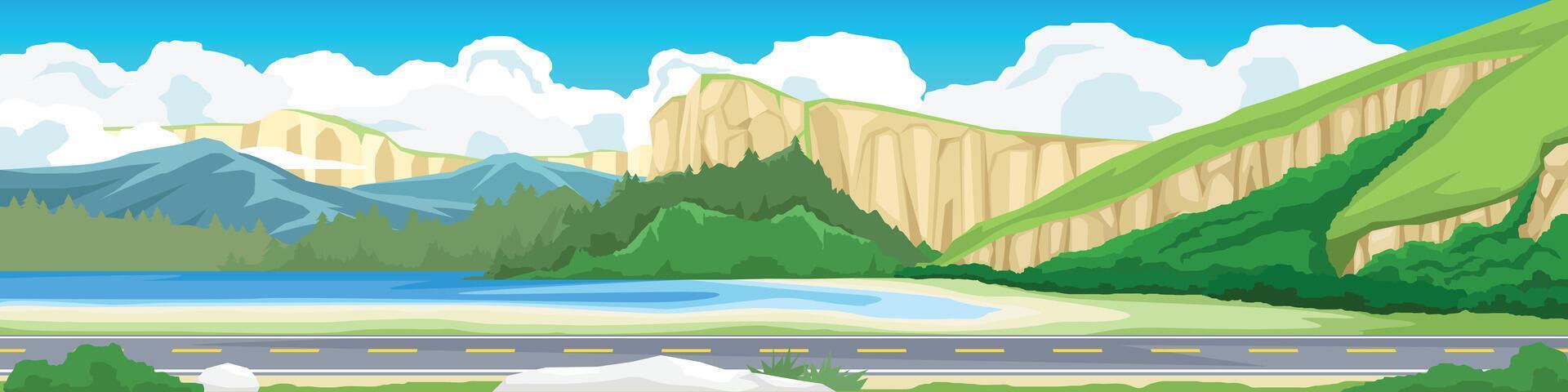 Horizontal or Landscape view of Asphalt road. Passing through the bay surrounded by mountains and lush green forests. Background is the cliffs of the mountains. Under the clouds and blue sky. vector