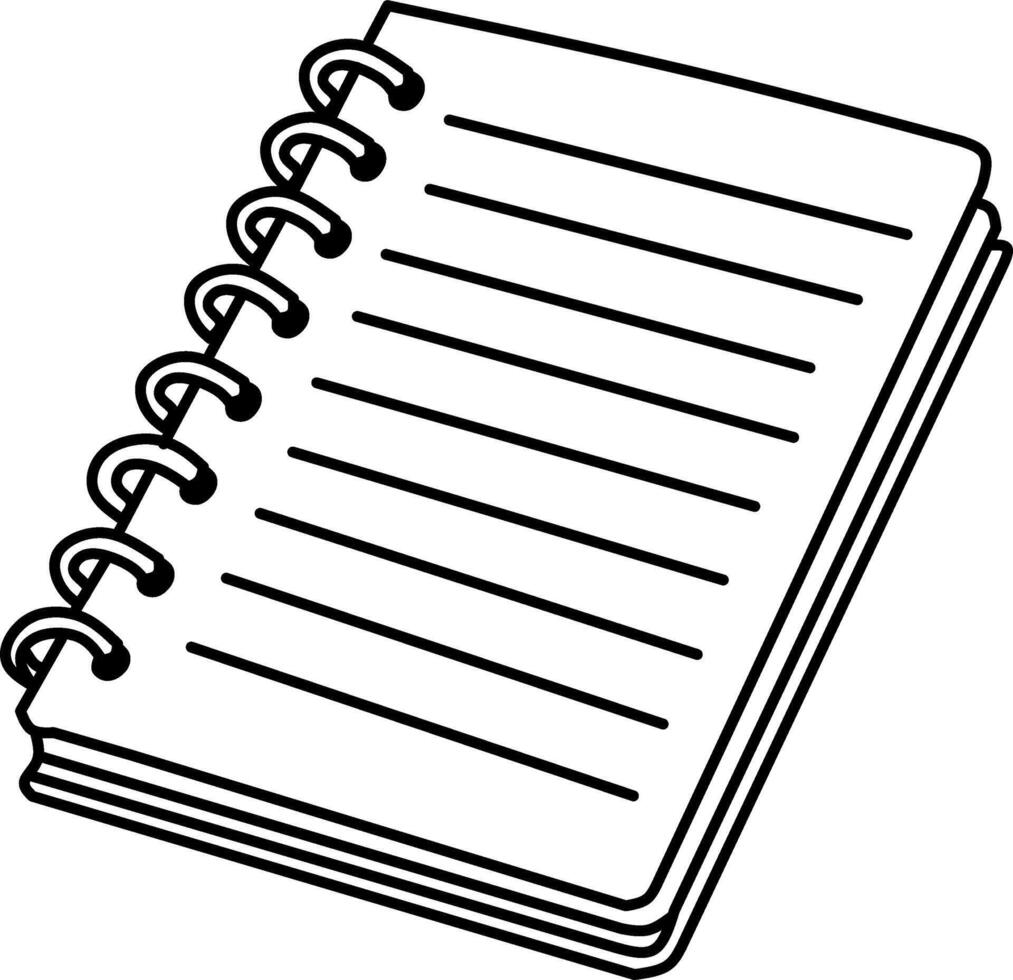 Black and white outline of a spiral-bound notebook with lined pages, suitable for stationery, school, and office themes. vector