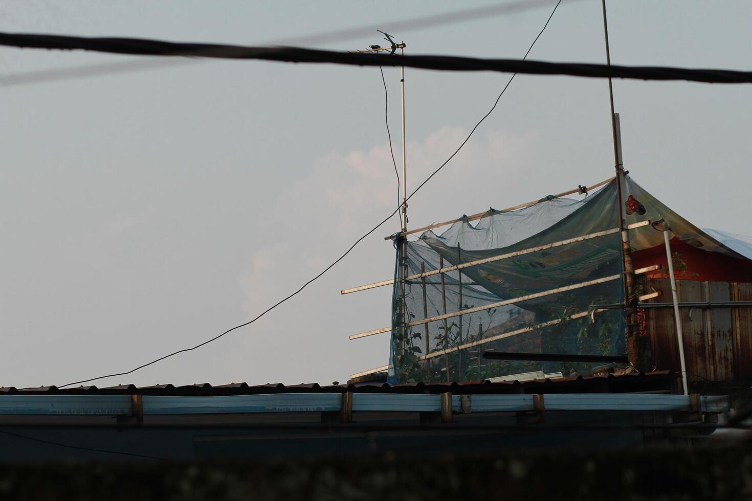 a kite flying over a building with a net over it photo