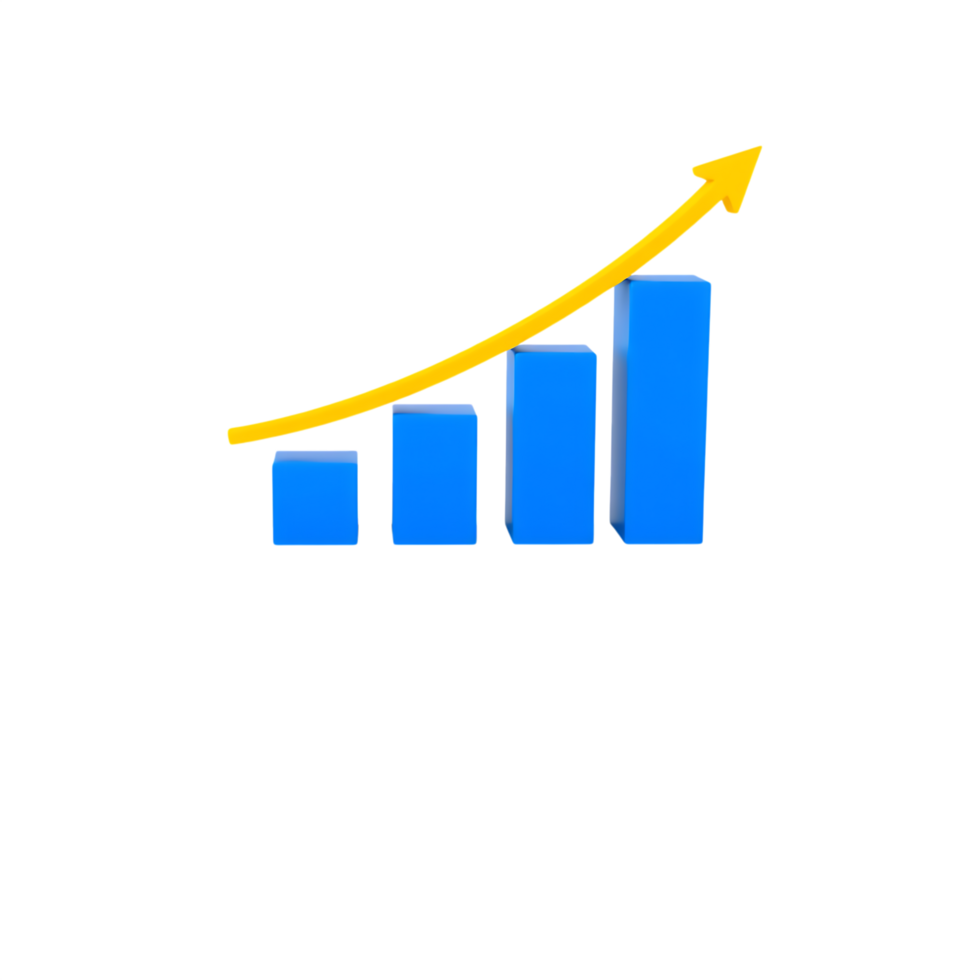 3d icon of a blue bar graph showing a steady increase with a yellow arrow pointing upwards isolated on transparent background png
