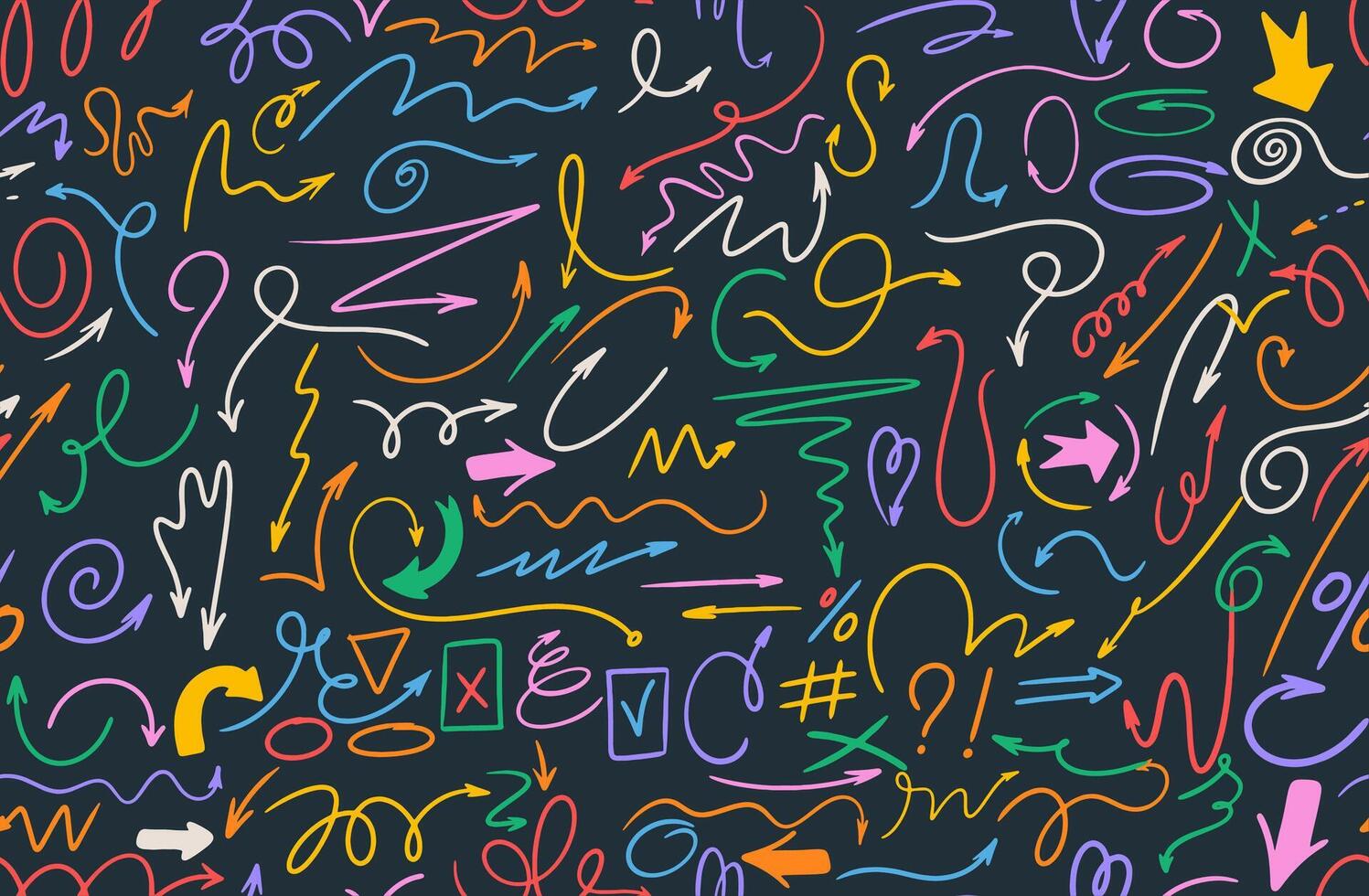 Seamless pattern group arrows and frames. Hand drawn color symbols swirls, crosses for hand drawn diagrams. Doodle marker drawing. freehand different curved arrows, circles and check marks. vector