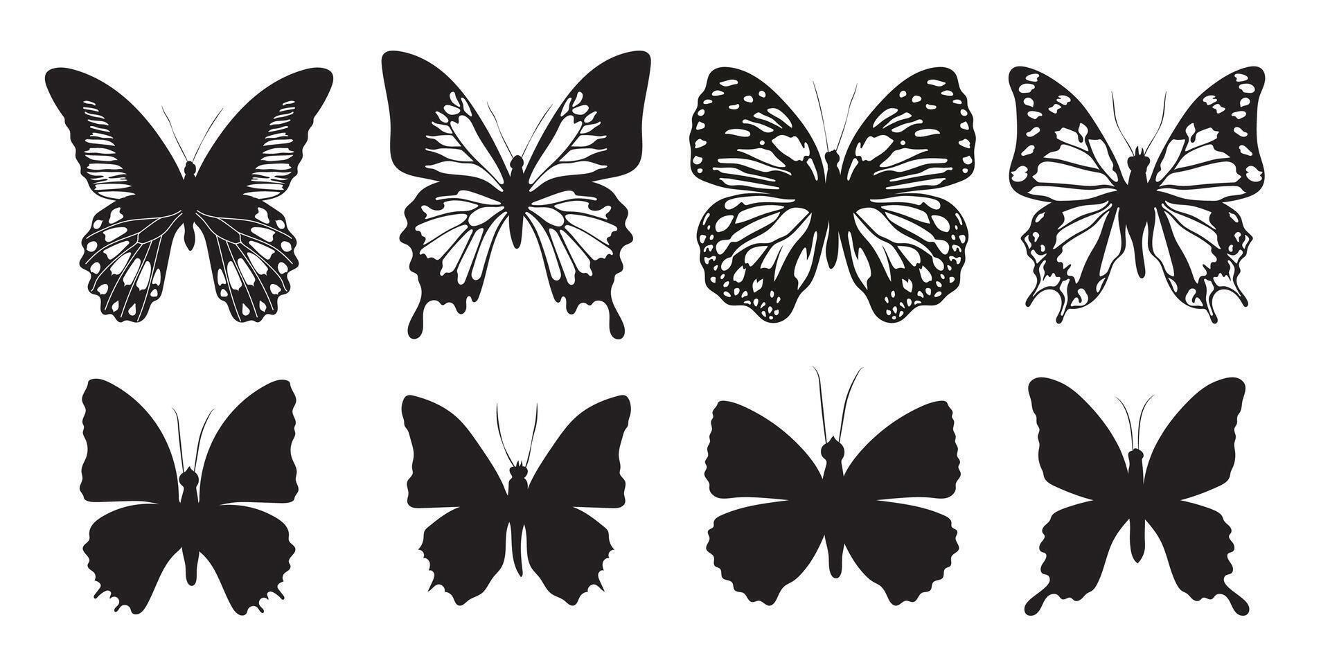 Set of black silhouettes of butterflies. Butterflies with different wing shapes and different patterns. Monochrome Insect butterfly winged gorgeous insect. Collection on white background. vector