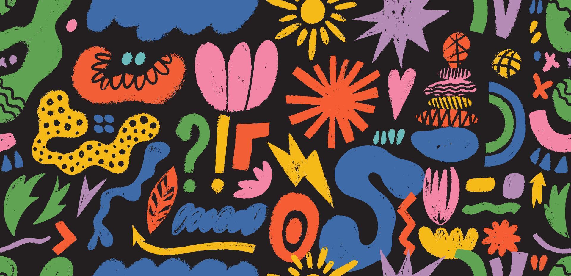 Seamless pattern crayon abstract shapes, forms. Groovy bizarre shapes in trendy crayon drawing style. Seamless hand drawn weird shapes with crayon, color chalk or charcoal texture drawn manual. vector
