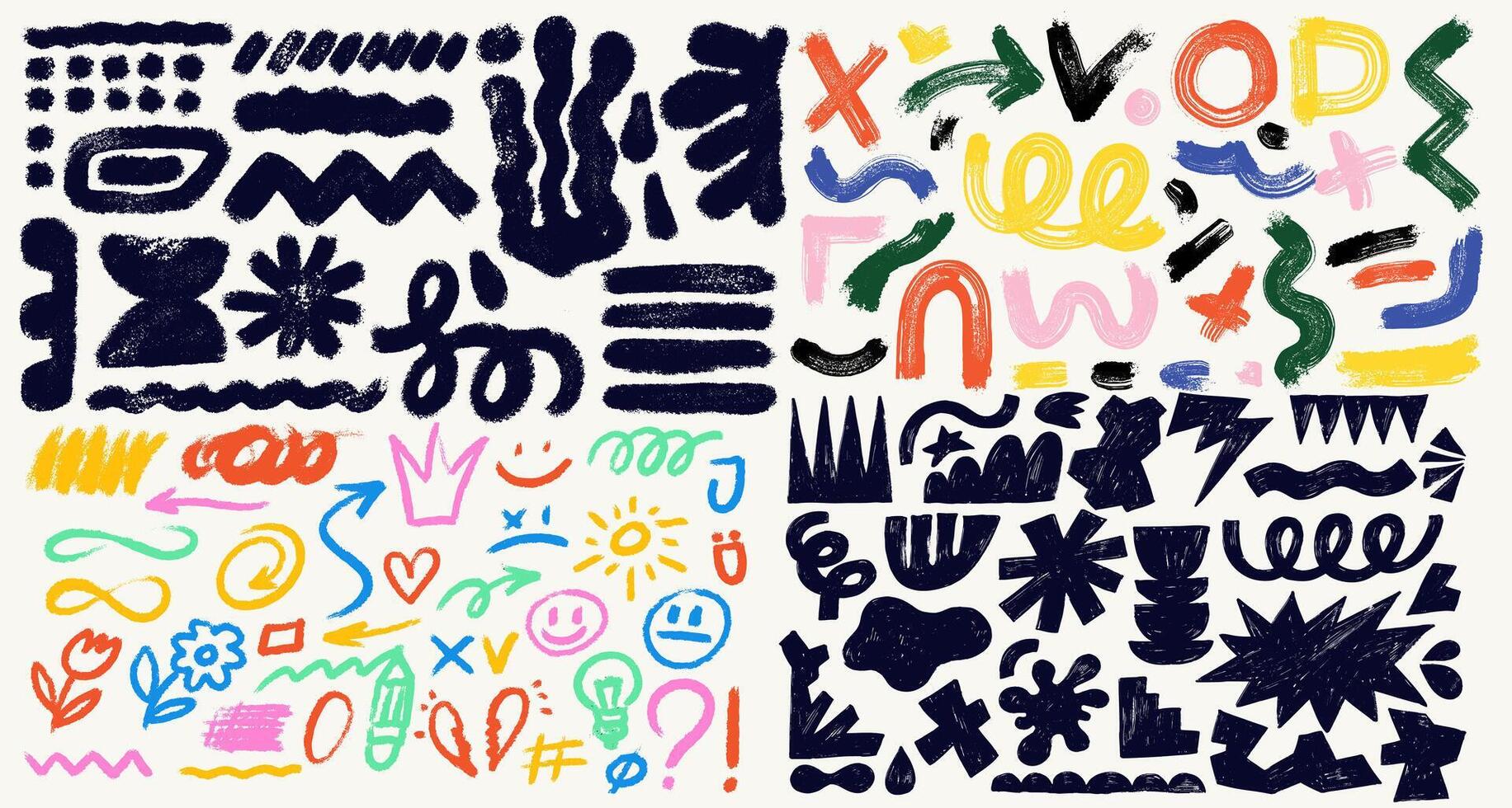 Big collection of pastel hand drawn crayon shapes, abstract forms. Set of colored childish crayon elements. Template doodle colored geometric crayon shapes in retro style. doodle marker drawing vector
