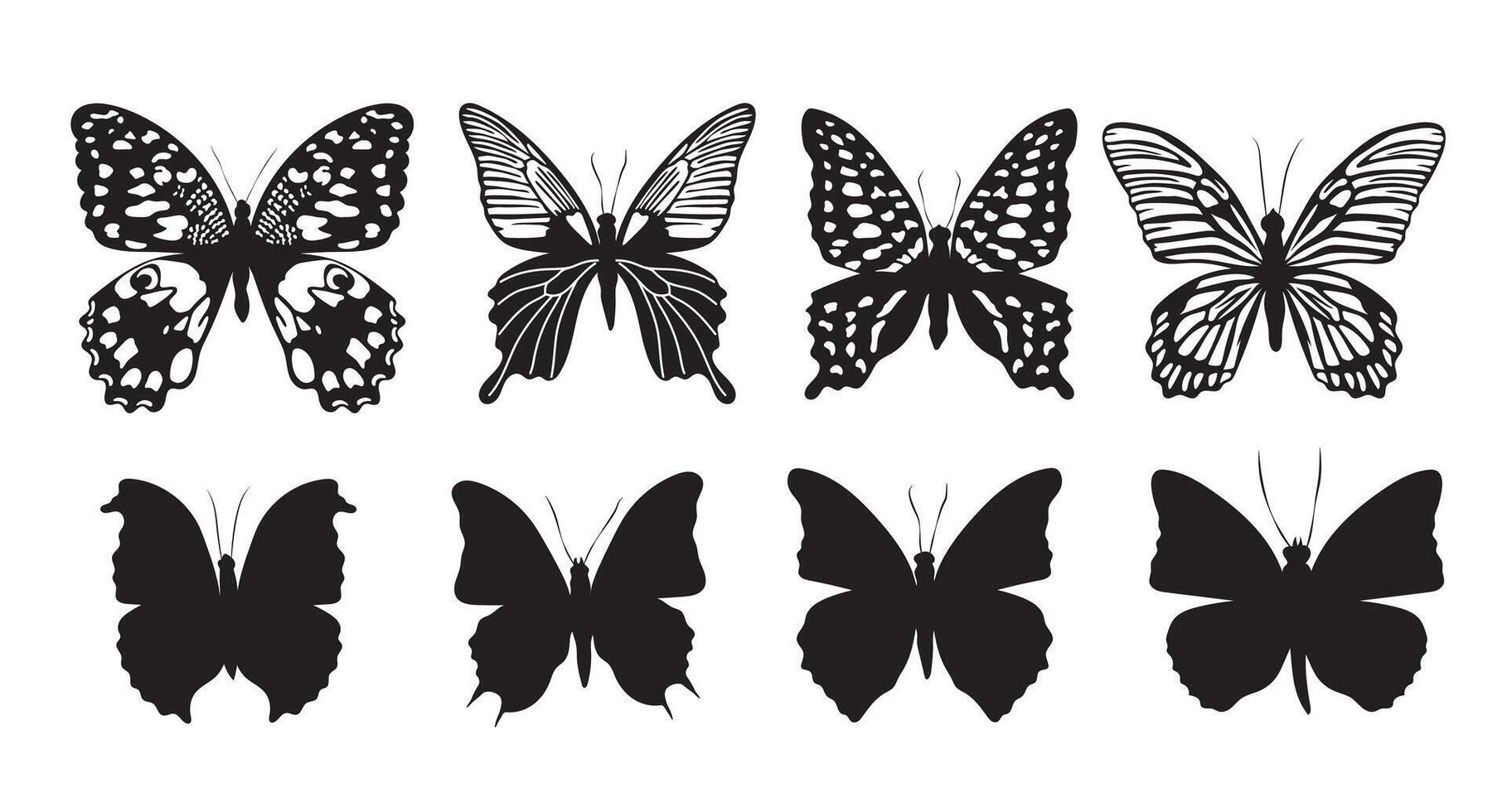 Black silhouettes of butterflies set. Butterflies with different wing shapes and different patterns. Collection of monochrome Insect butterfly winged gorgeous insect. on white background. vector
