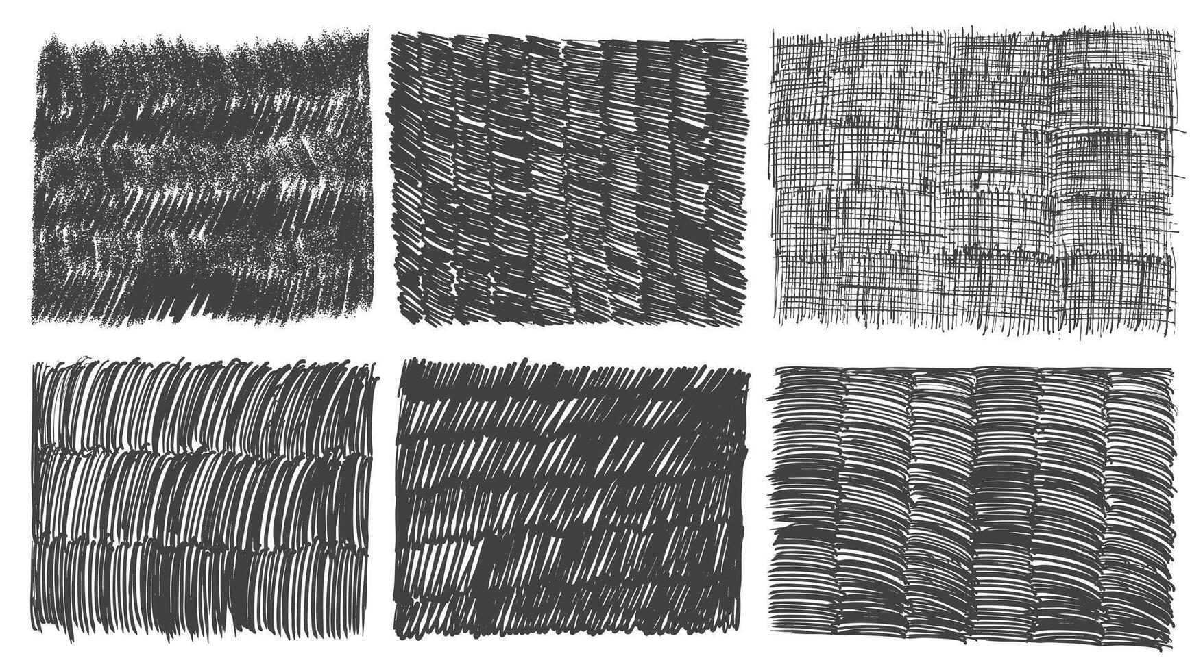 Set of pencil or crayon texture rectangle. Black hand drawn cross hatch. graphic charcoal. Doodle grunge pencil dashes, messy short pen lines. Texture rough crayon strokes. Crosshatch pattern. vector