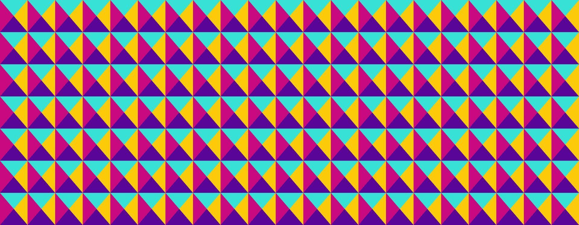 Vibrant geometric pattern of interlocking triangles in teal, purple, and gold. Ideal for backgrounds, textiles, or website design. This bold, repetitive design conveys energy and modernity. vector