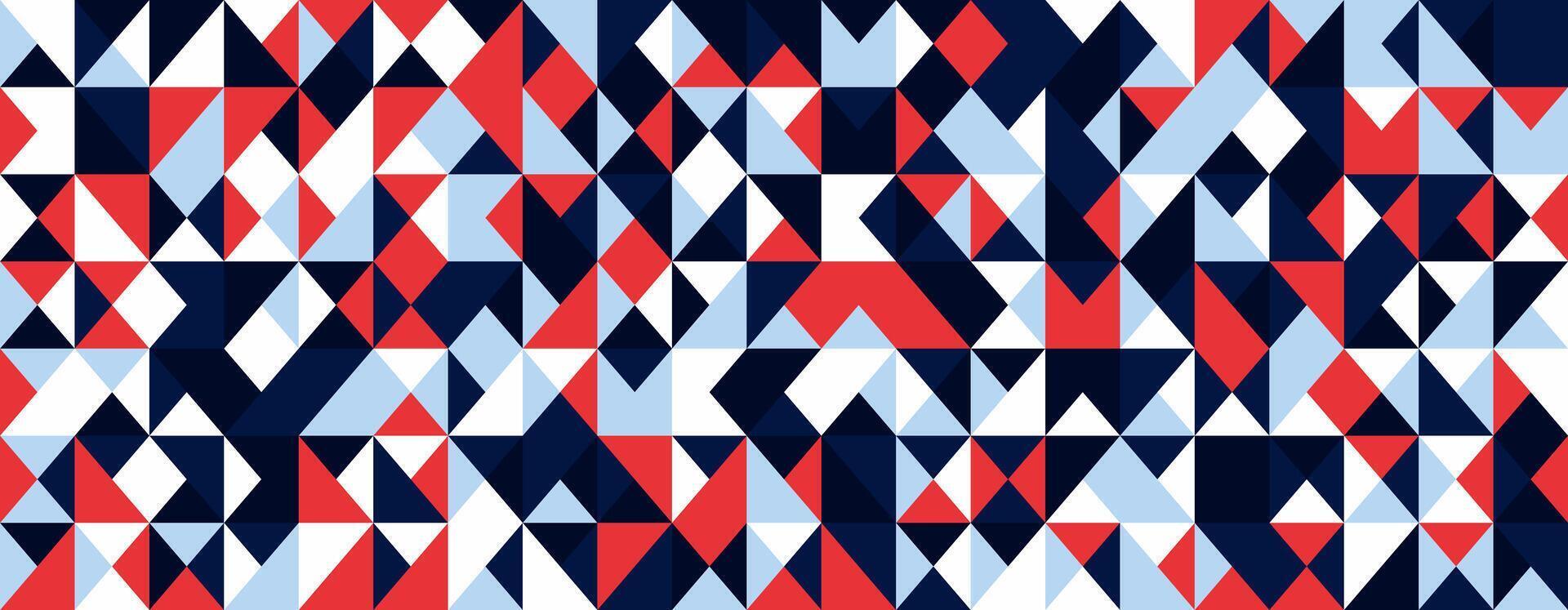 Abstract geometric pattern. Vibrant red, blue, and white triangles create a dynamic, modern design ideal for backgrounds, textiles, or website banners. vector
