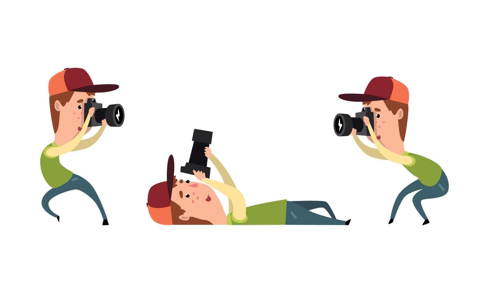 Man Paparazzi with Camera Set, Photographer with Camera in Various Poses Cartoon Illustration vector