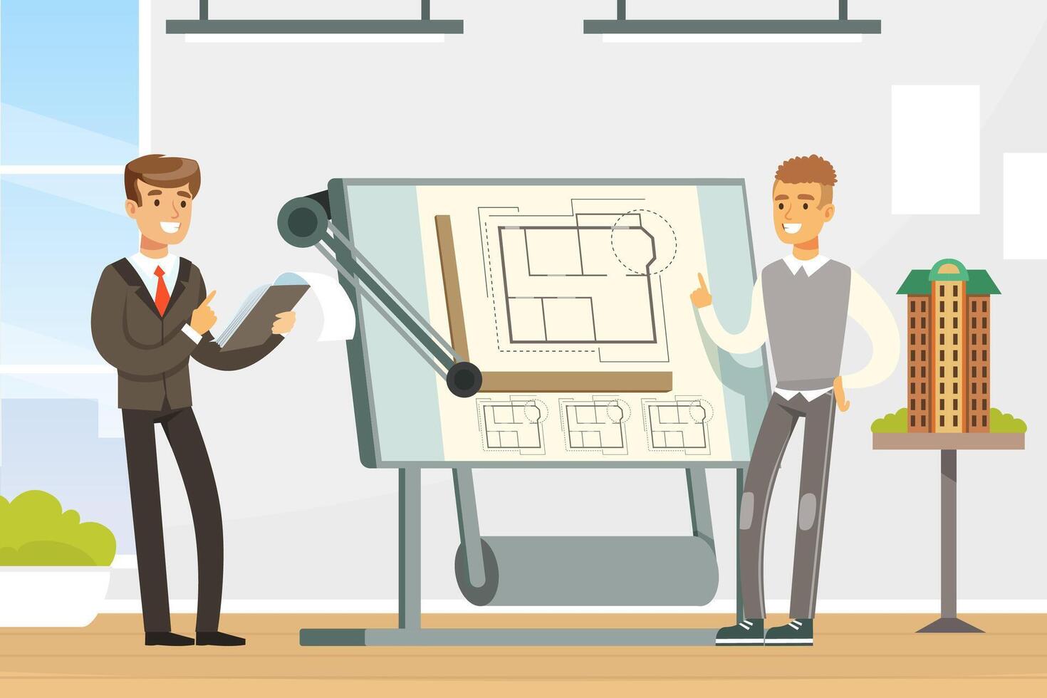 Man Architect Showing Paper Blueprint or Draft of Building Design Illustration vector