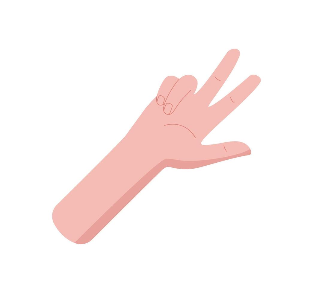 Flat cartoon hand gesture showing three fingers. Bare palm signals a counting number. Simple signal illustration, isolated style for math or educational visuals. vector
