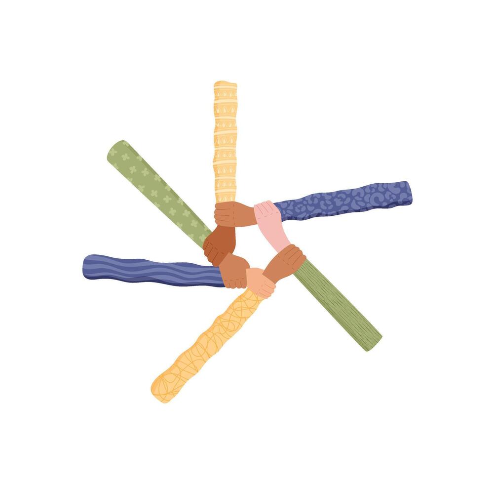 Colorful hands form a unity symbol in flat abstract style. Representation of teamwork, community, and solidarity through diverse human connection. Concept of support, allyship, and togetherness in vector