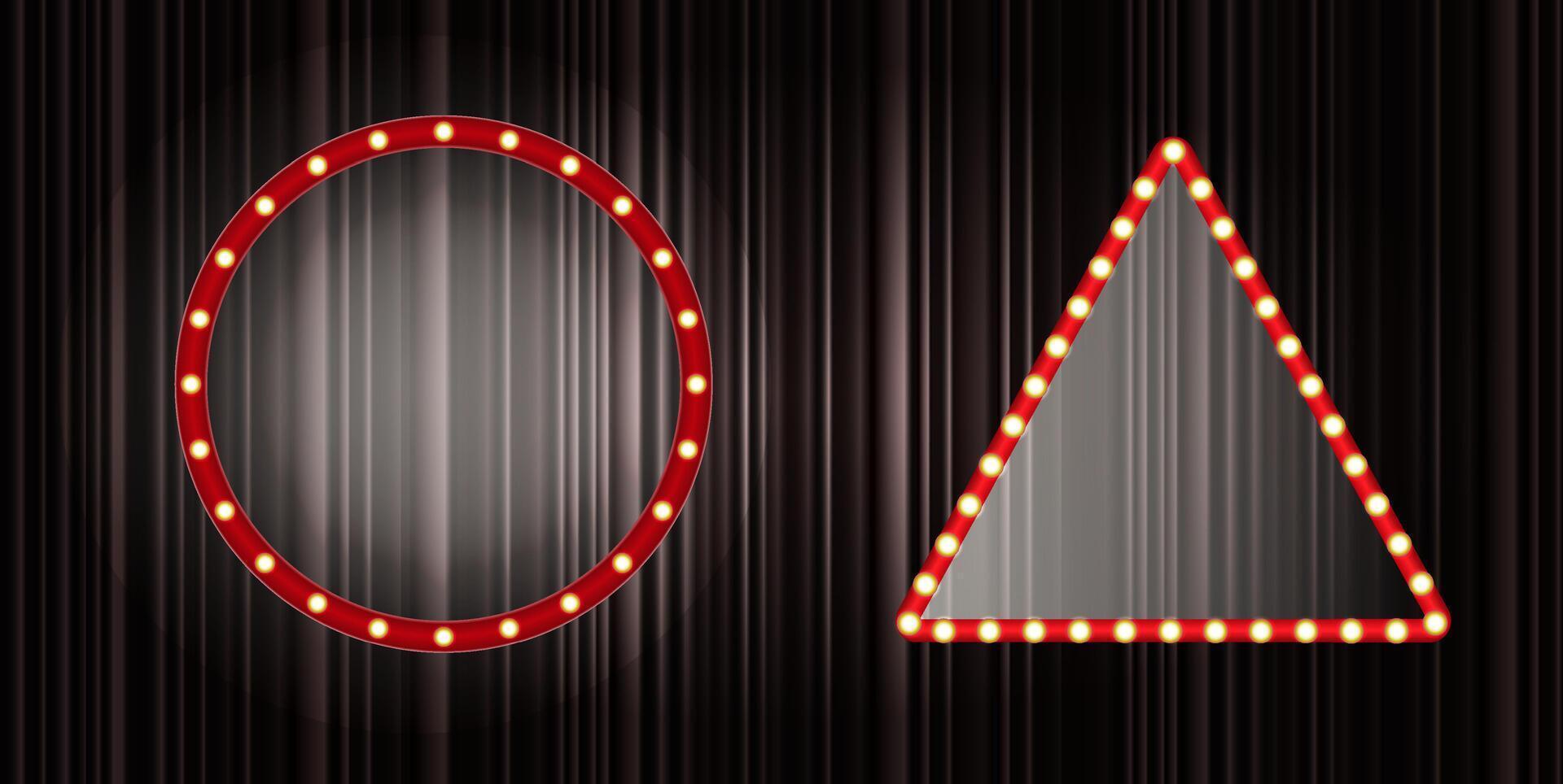 Two illuminated shapes, one circular and one triangular, are set against a dark curtain backdrop. These marquee lights suggest a festive atmosphere ideal for events or performances vector