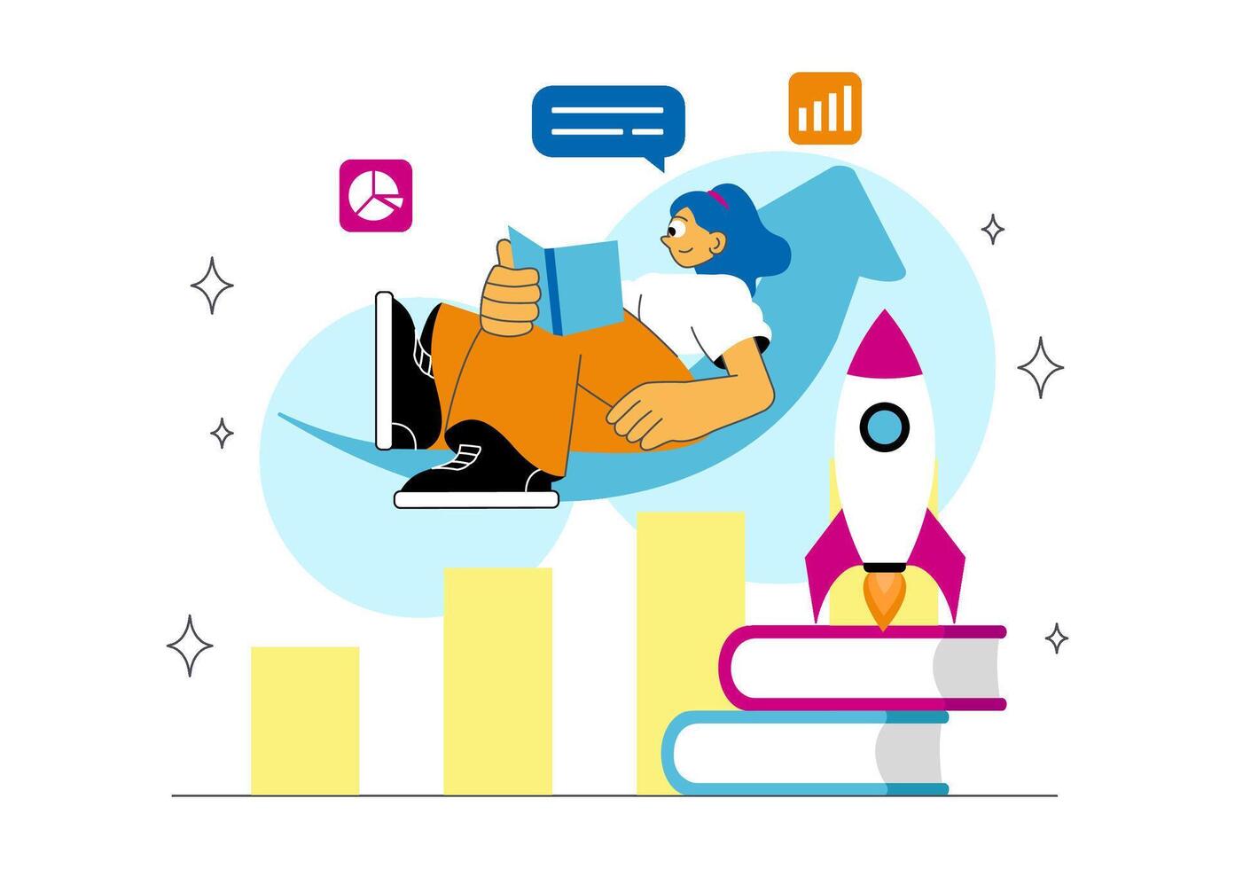 Person reading with growth symbols vector