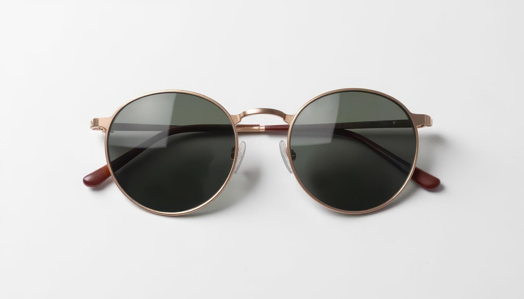 classic round sunglasses with gold frame and dark lenses, isolated on a clean white background with soft natural shadows and sharp product edges. photo