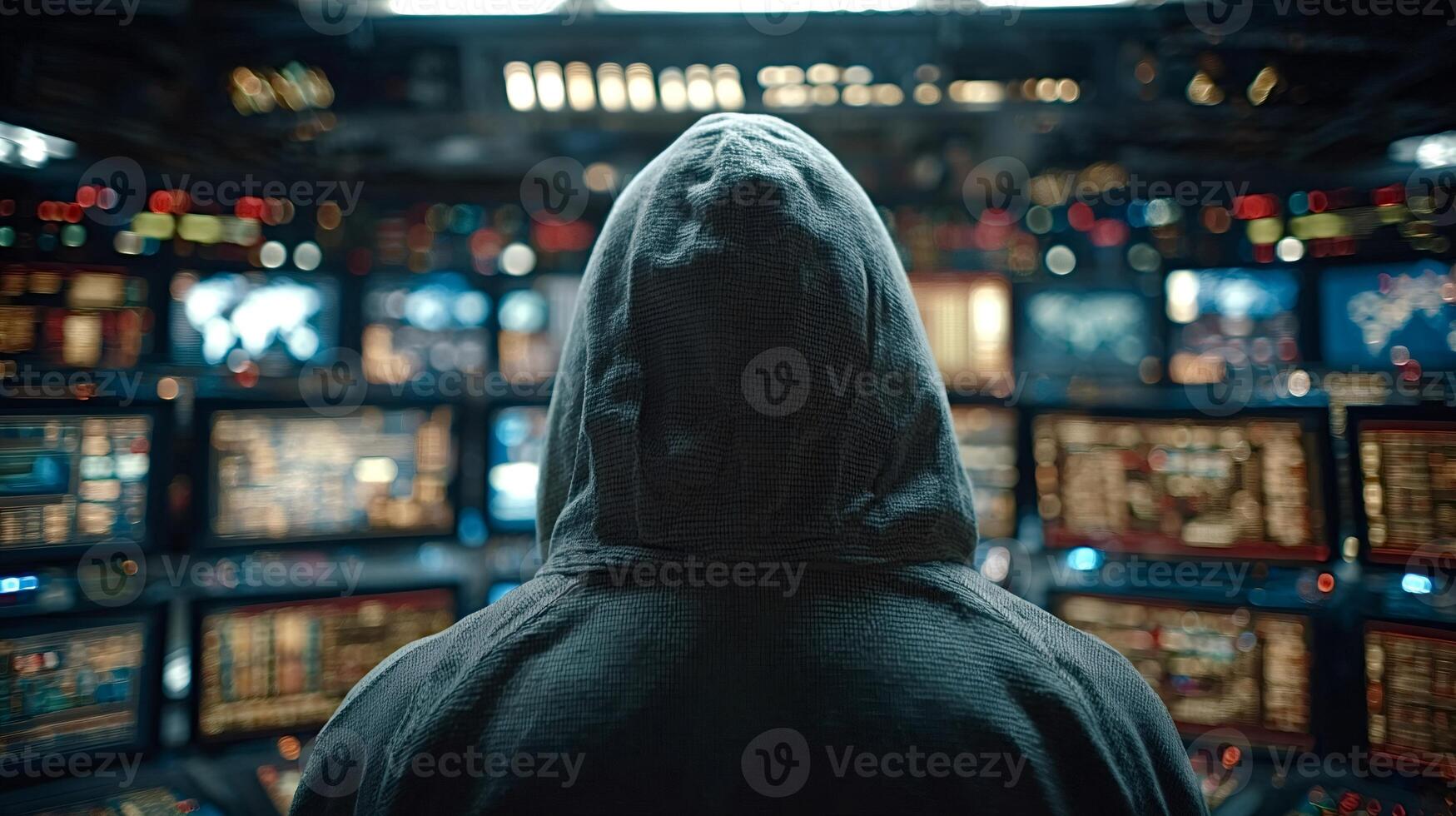 Hacker wearing a hoodie looking at multiple computer screens photo