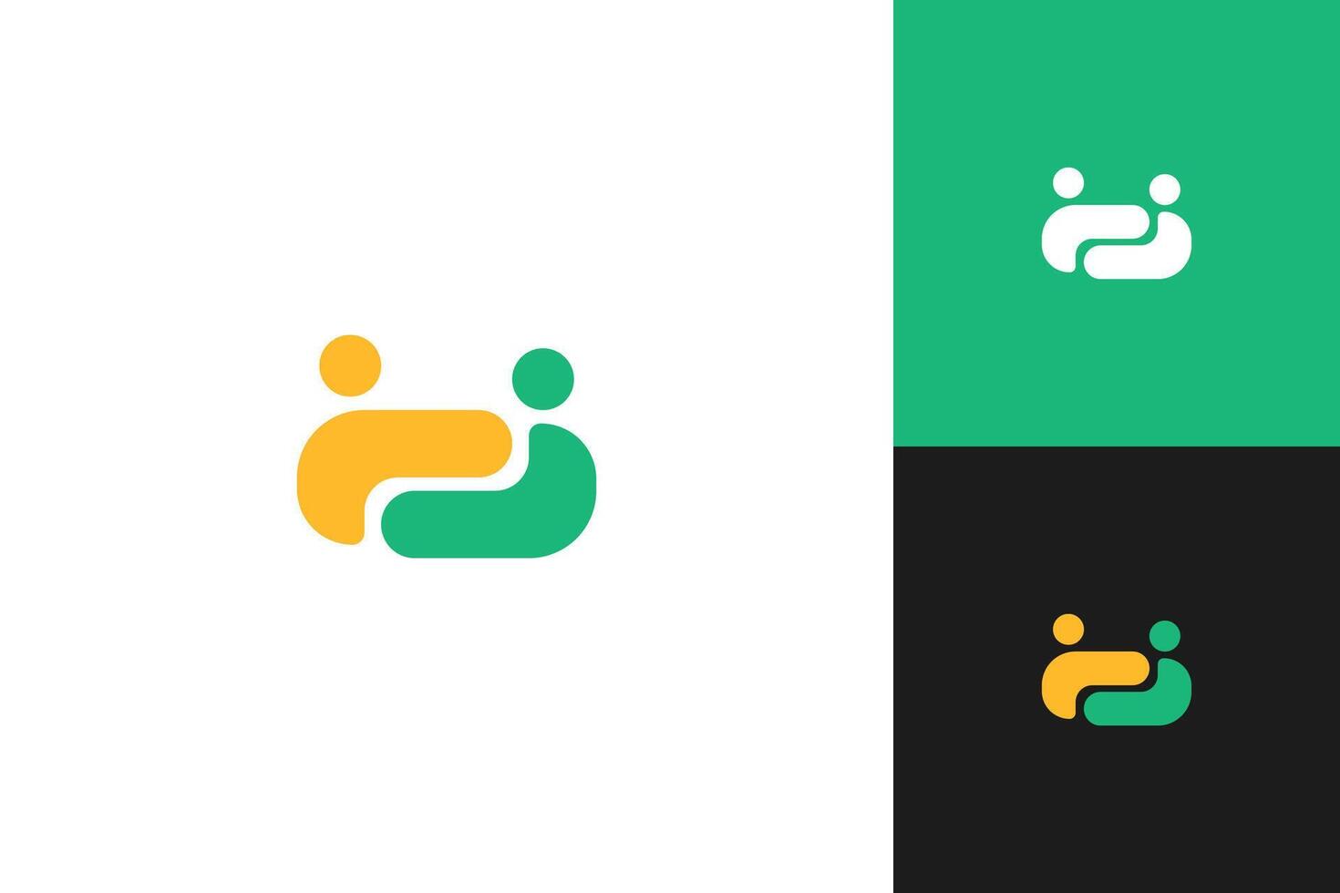 Abstract flat logo of two people connected in a handshake shape, representing partnership, support, and communication. vector