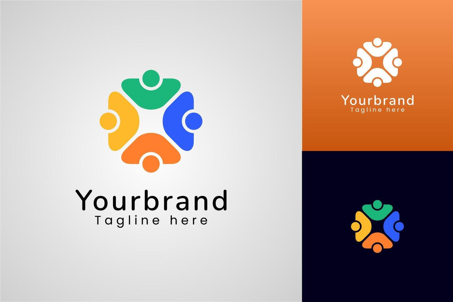 Flat modern logo of four people forming a circle, symbolizing unity, teamwork, and community. vector