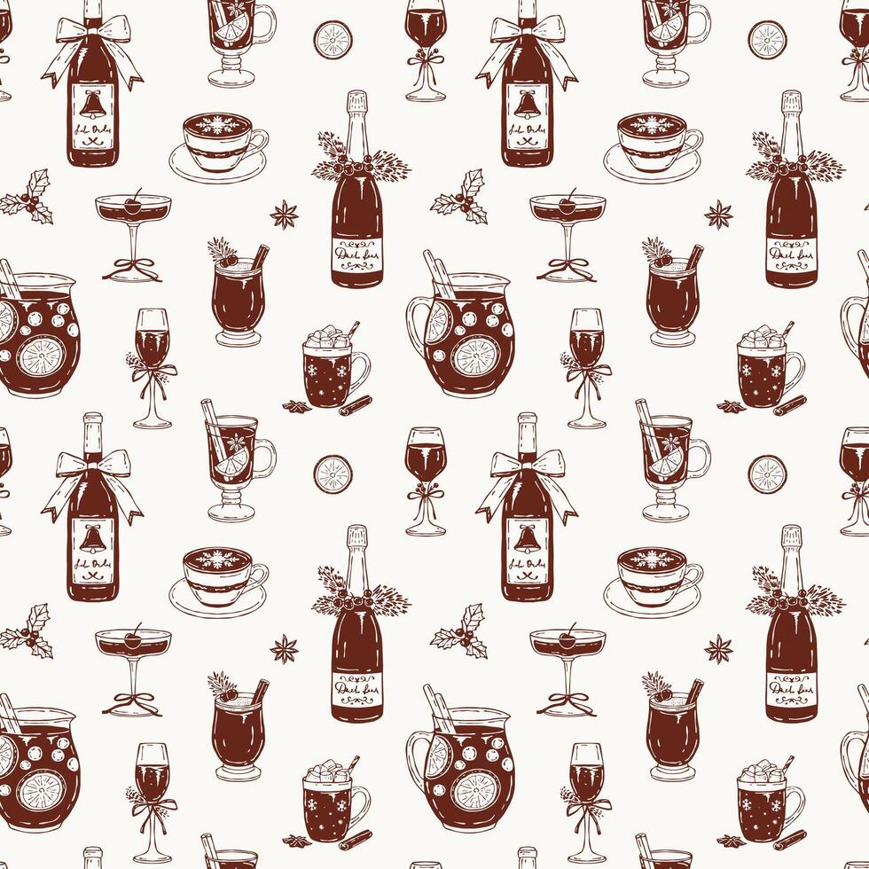 Monochrome seamless pattern featuring festive bar drinks wine and champagne bottles, glasses, mulled wine, cocoa with marshmallows, latte, and eggnog vector