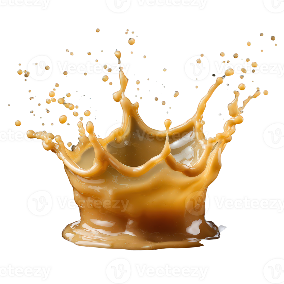 Liquid splash of creamy caramel on a capturing dynamic movement and texture in high resolution png