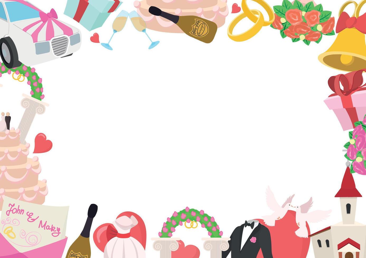 Festive wedding frame border with various celebratory elements creating a joyful and romantic atmosphere vector